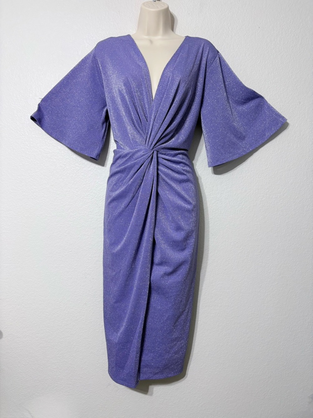 Eloquii Lavender Shimmer Twist-Front Dressy Midi Dress w Flutter Sleeves. 14